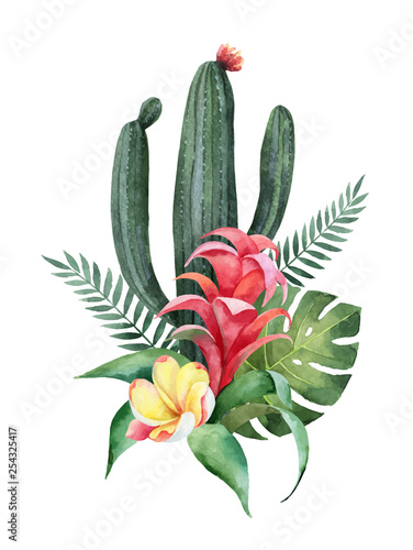 Watercolor vector composition tropical flowers and cacti.