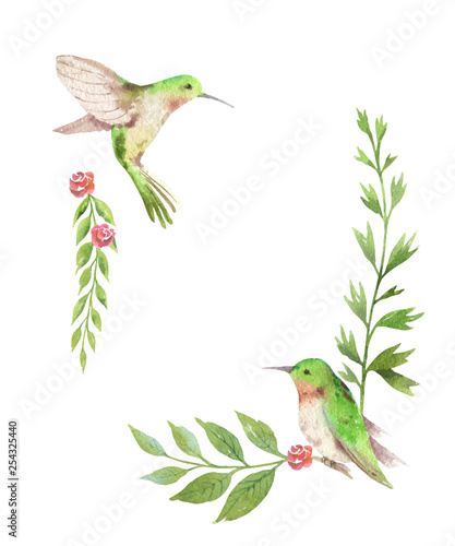 Watercolor vector card green leaves, hummingbird and flowers isolated on white background.
