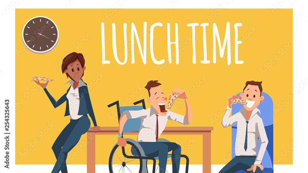 Naklejka premium Hungry Coworker Have Break for Lunch with Pizza