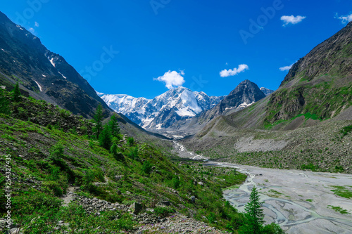 Akkem glacier river and mountains view. Summer in Altai mountains