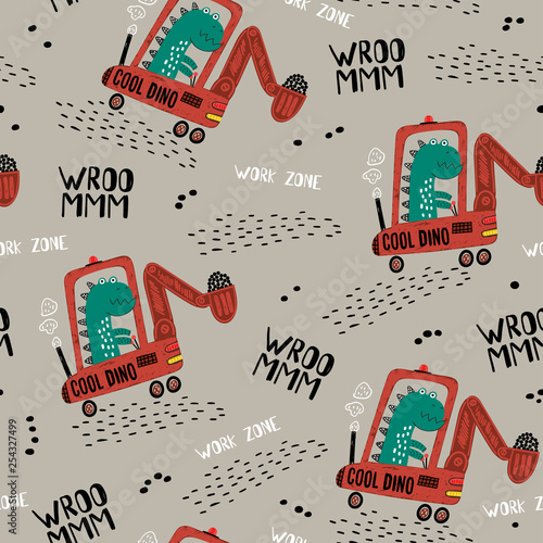 Vector seamless pattern with dino digger. Work zone. Creative vector childish background for fabric, textile, nursery wallpaper.