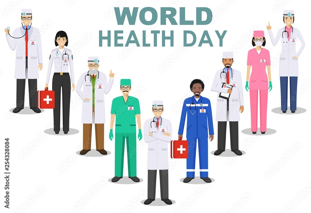 World Health Day. Medical concept. Detailed illustration of doctor and nurses in flat style isolated on white background. Practitioner doctors man and woman standing in different positions. Vector.