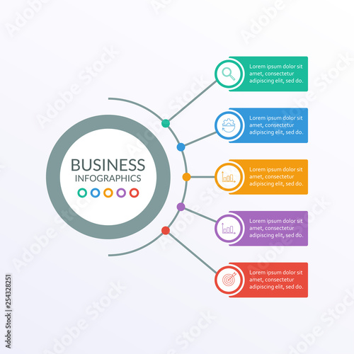 Business info graphic with 5 steps or options with circle elements. Infographic template for business process, presentation, workflow layout, diagram, chart. Modern simple design. Vector illustration.