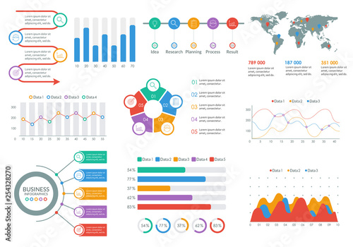 Infographic elements set. Infographics Dashboard template with graph, flow chart, diagram. Business report and presentation design. Modern UI graphic data. Vector illustration.