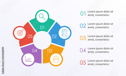 Business info graphic with 5 steps or options with circle elements. Infographic template for business process, presentation, workflow layout, diagram, chart. Modern simple design. Vector illustration.
