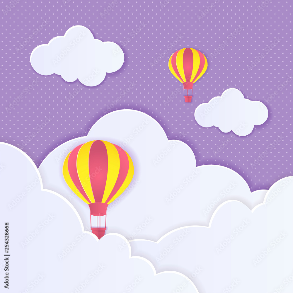 Beautiful clouds and air balloons! Abstract paper art 3D vector illustration on purple background. Beautiful clouds and air balloons! Abstract paper art 3D vector illustration on purple background.