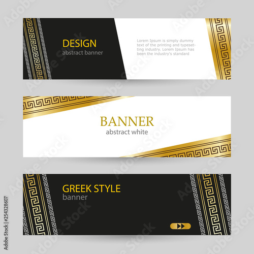 Banner Black and white with Greek gold ornament. Set horizontal banners with empty place for text. Design Abstract vector graphic backdrop.