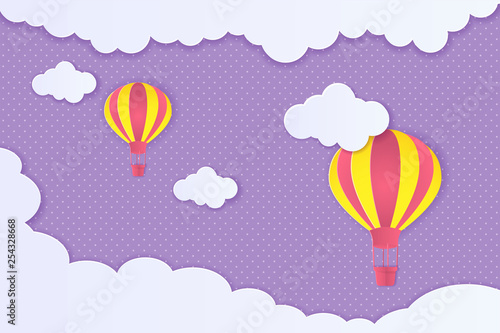 Beautiful clouds and air balloons! Abstract paper art 3D vector illustration on purple background. 