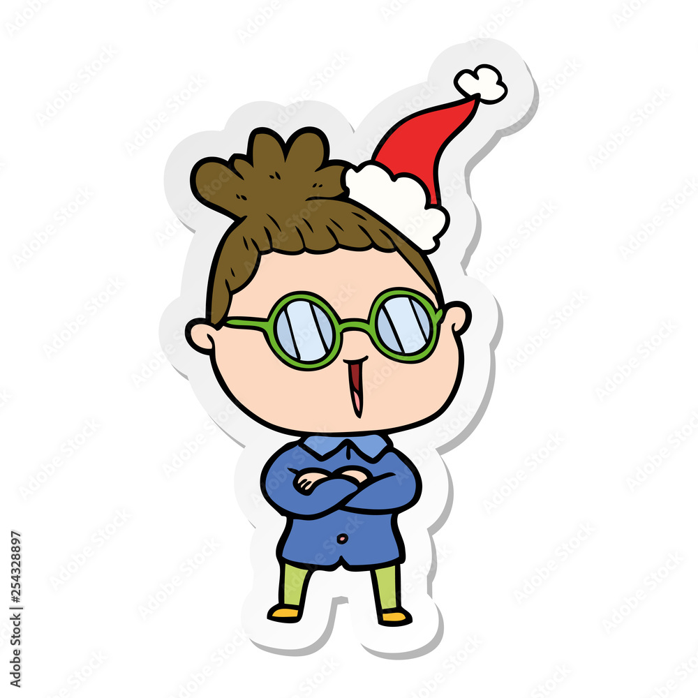 sticker cartoon of a woman wearing spectacles wearing santa hat