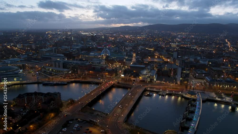 Belfast city centre aerial flyover. River Lagan Belfast city centre aerial flyover. River Lagan