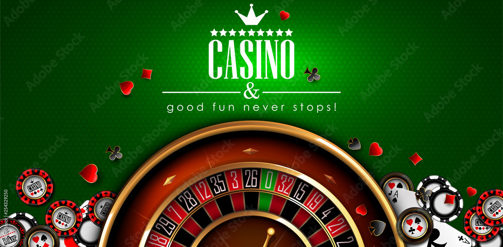 Casino advertising with roulette and elements of casino games on a green background. 3D vector. High detailed realistic illustration. Casino advertising with roulette and elements of casino games on a green background. 3D vector. High detailed realistic illustration.