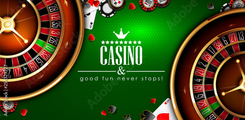 Casino advertising with roulette and elements of casino games on a green background.  3D vector. High detailed realistic illustration.