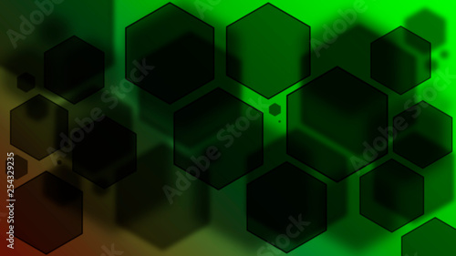 Green background with black hexagons. Dark bokeh background
