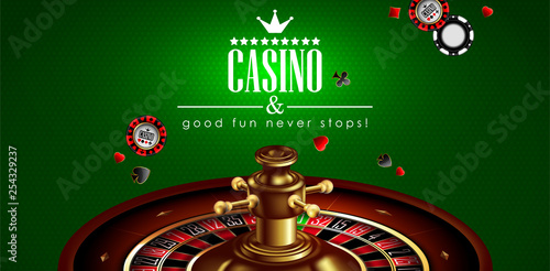 Casino advertising with roulette and elements of casino games on a green background.  3D vector. High detailed realistic illustration.