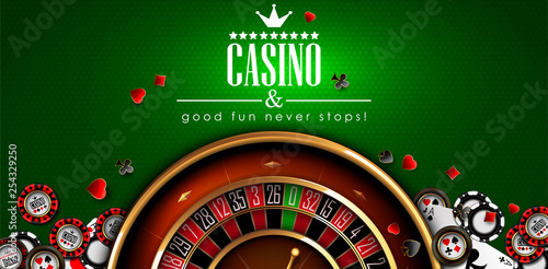 Casino advertising with roulette and elements of casino games on a green background.  3D vector. High detailed realistic illustration.