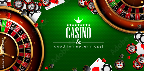 Casino advertising with roulette and elements of casino games on a green background.  3D vector. High detailed realistic illustration.