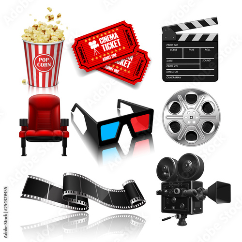 Objects for the film industry.on white background.  3D vector. High detailed realistic illustration
