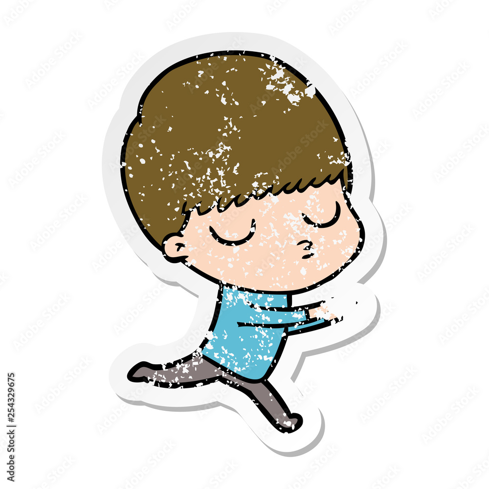 distressed sticker of a cartoon calm boy distressed sticker of a cartoon calm boy