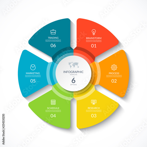 Vector infographic circle. Cycle diagram with 6 options. Round chart that can be used for report, business presentation, data visualization.