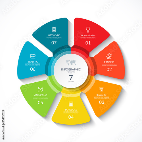 Vector infographic circle. Cycle diagram with 7 options. Round chart that can be used for report, business presentation, data visualization.