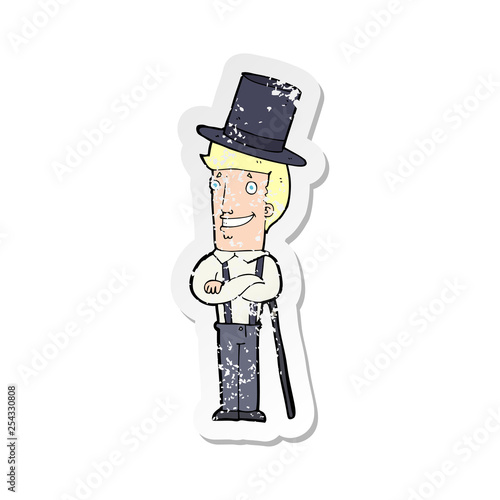 retro distressed sticker of a cartoon man wearing top hat