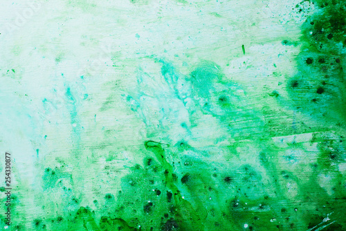 Green watercolor texture on a white background, acrylic base. Spring palette with copy space