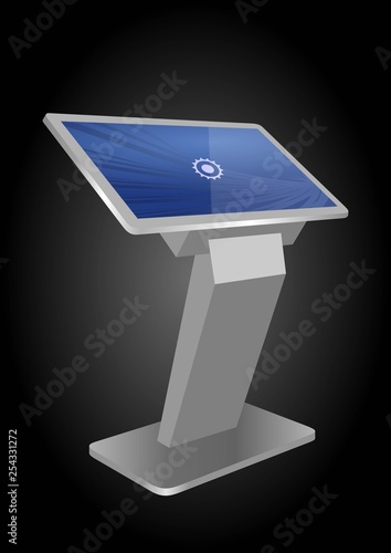 White Promotional Interactive Information Kiosk Terminal Stand Touch Screen Display. Mock Up Template.
