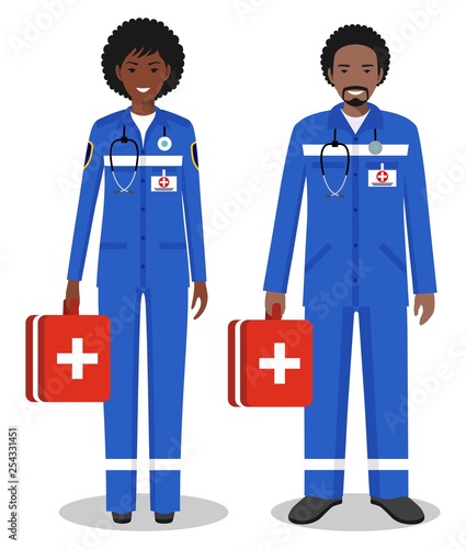Medical teamwork concept. Detailed illustration couple of african american paramedic man and woman, emergency doctor, nurse in flat style. Practitioner doctors standing together. Vector illustration.