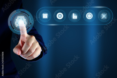 Businessman pointing a car with service icons, Concept of car checking, repair and maintenance..
