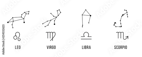 4 Zodiac signs with constellations. Leo, virgo, libra, scorpio. Vector.