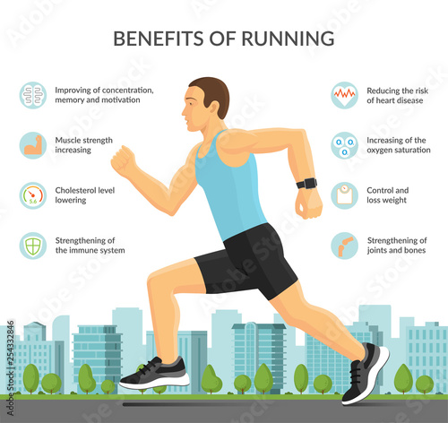 Man jogging outdoors. Benefits of running infographic concept with sport fitness icons. Vector illustration