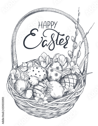 Vector illustration of hand drawn ornate eggs and spring flowers in the basket.