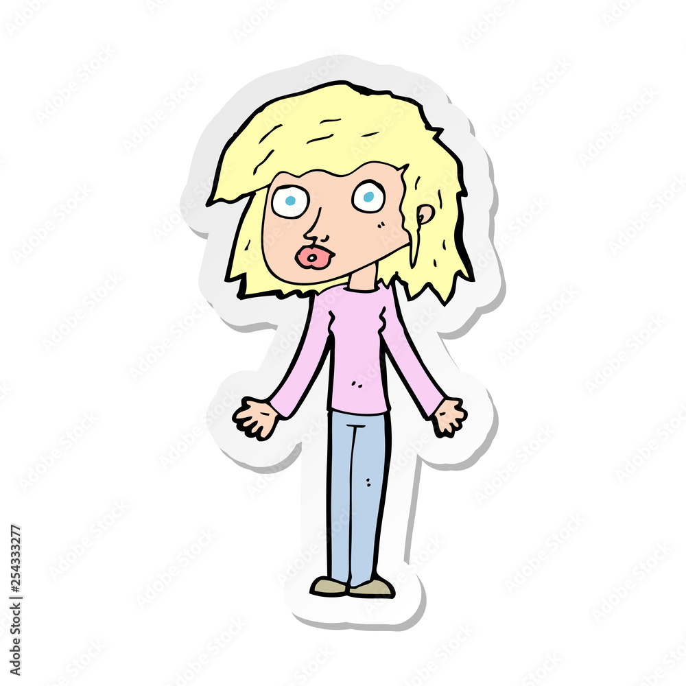 sticker of a cartoon girl shrugging shoulders sticker of a cartoon girl shrugging shoulders