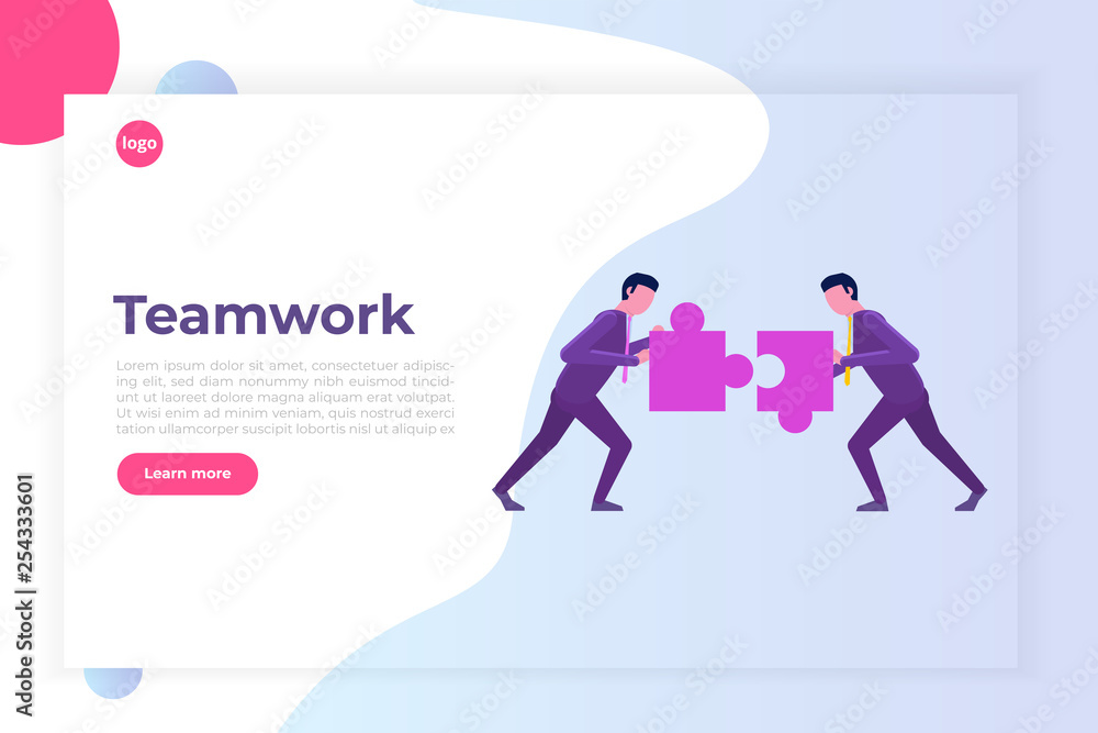 Two businessmen unite  the puzzle. Teamwork, working together isometric concept. Vector illustration.
