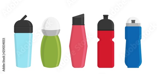 Blank bicycle plastic bottles for water vector illustration. Drink container clean beverage. Sport water bottle. Mineral bottled sporty accesssories. Thirsty power eco aqua.