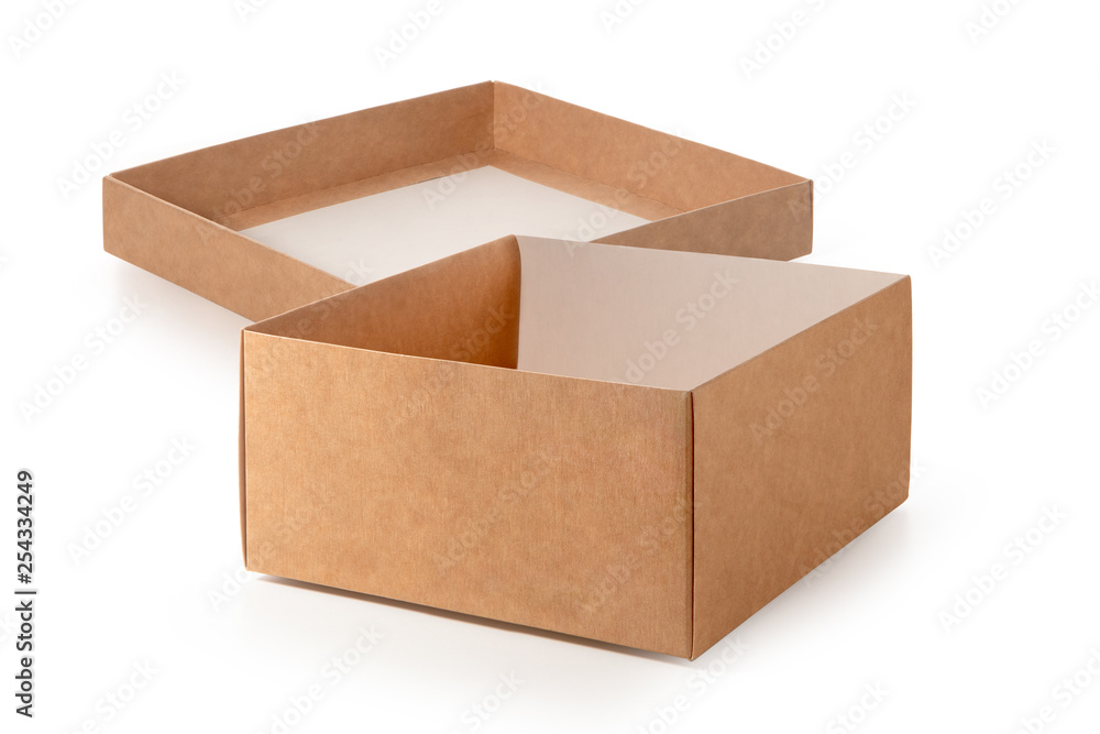 Empty cardboard box with a lid on a white background
