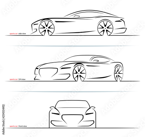 Set of sports car silhouettes isolated on white background. Side, three-quarter and front view. Vector illustration