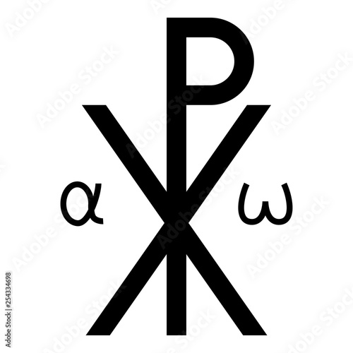 Crismon symbol Cross monogram Xi Hi Ro Konstantin Symbol Saint Pastor sign Religious cross Alfa Omega icon black color vector illustration flat style image photo