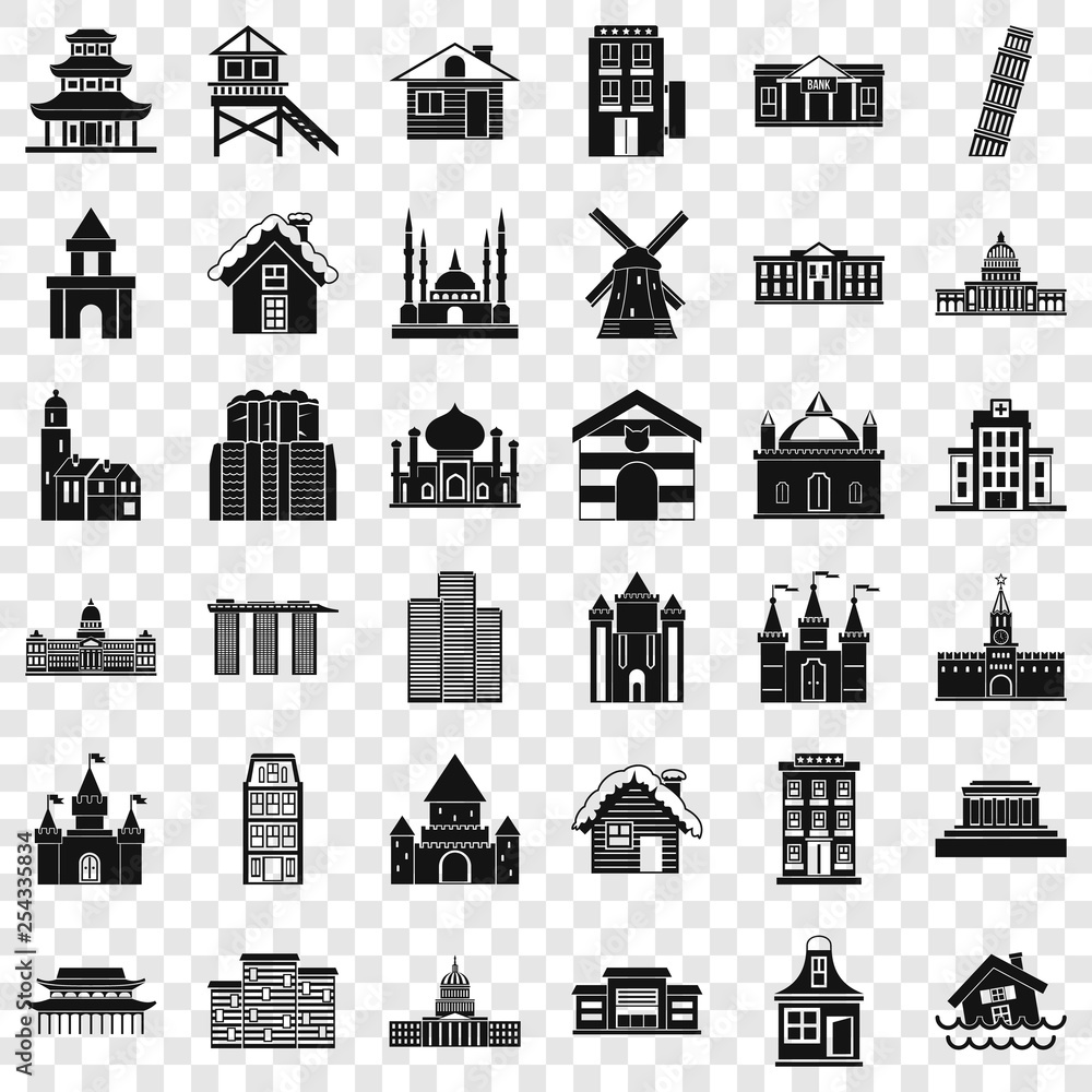 Tower building icons set. Simple style of 36 tower building vector icons for web for any design