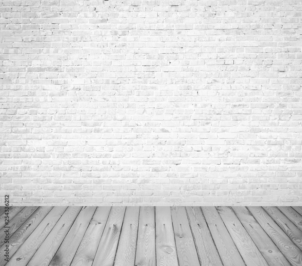 Fototapeta premium Grunge white brick wall with wooden floor