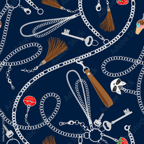Chains seamless pattern. Fashion silver chain, key and leather belts repeated vector, jewelry accessories repeating fabric design
