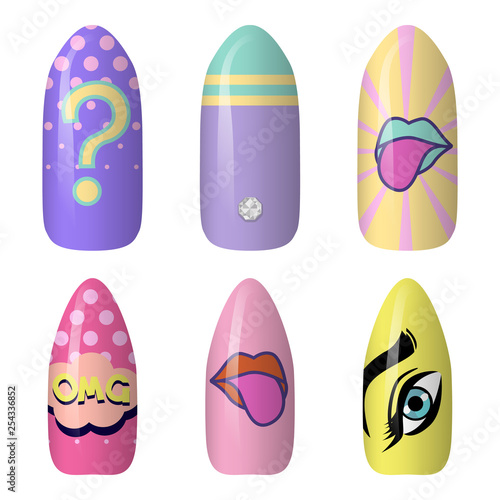 set of colored painted pop art nail stickers. Neon manicure art. nail polish. isolated on a dark background