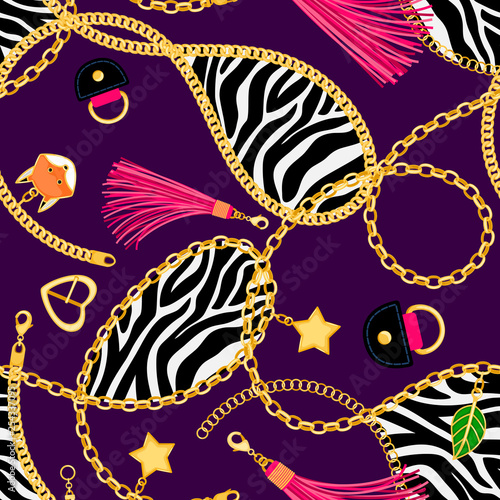 Chains zebra pattern. Luxury safari chained tuileries elegant shiny accessories tile, fashion metal buckles and leather tassels repeat, vector illustration