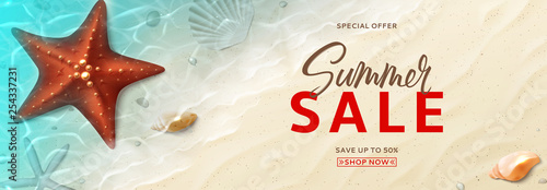 Summer sale promo web banner. Horizontal banner with realistic seashells and starfishes on beach in sea water. Vector illustration with special discount offer.