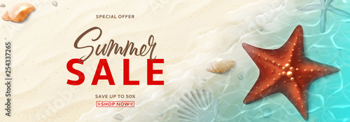 Promo web banner for summer sale. Horizontal banner with realistic seashells and starfishes on beach in sea water. Vector illustration with spesial discount offer.