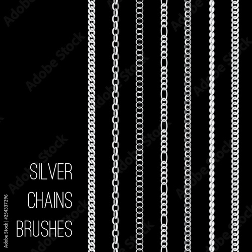 Silver chains. Vector metal chain brushes set isolated on black background, seamless stable steel links for necklace or security