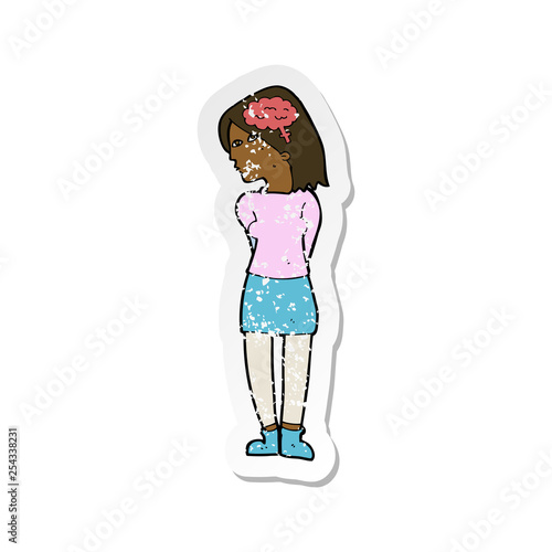 retro distressed sticker of a cartoon brainy woman