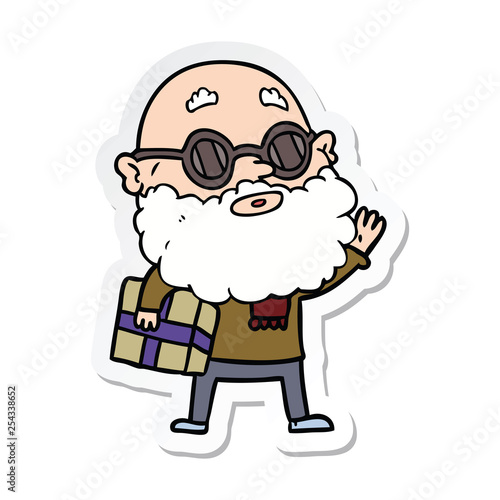 sticker of a cartoon curious man with beard sunglasses and present