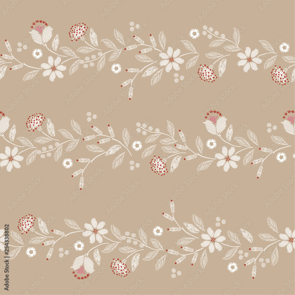 Retro  Embroidery seamless pattern with beautiful wild flowers delicate vector print  illustration
