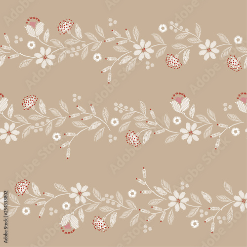 Retro Embroidery seamless pattern with beautiful wild flowers delicate vector print illustration